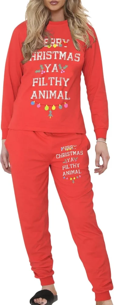 Red cotton Christmas pyjamas with a Merry Christmas slogan, S to XXL