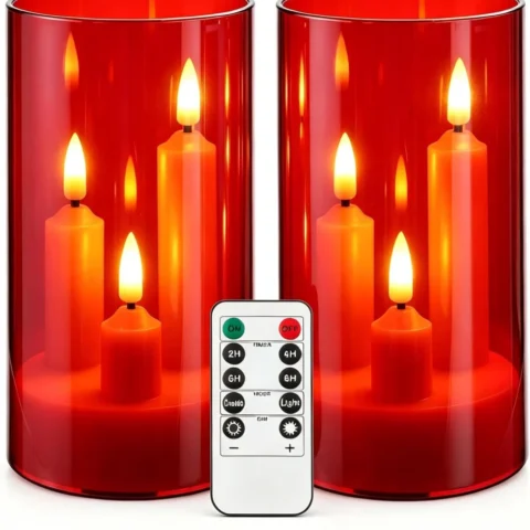 Red flameless 3-core LED taper candles with remote, set of 2