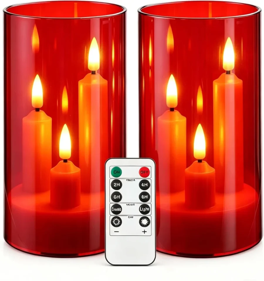 Red flameless 3-core LED taper candles with remote, set of 2