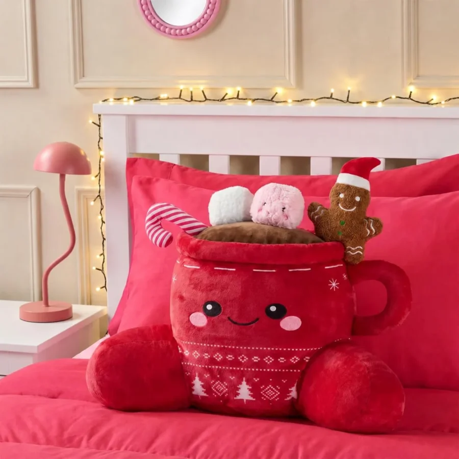 Red hot chocolate design reading cushion with arms, 73 x 49 x 40 cm