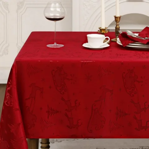 Red jacquard Christmas tablecloth with reindeer, 140 x 200 cm