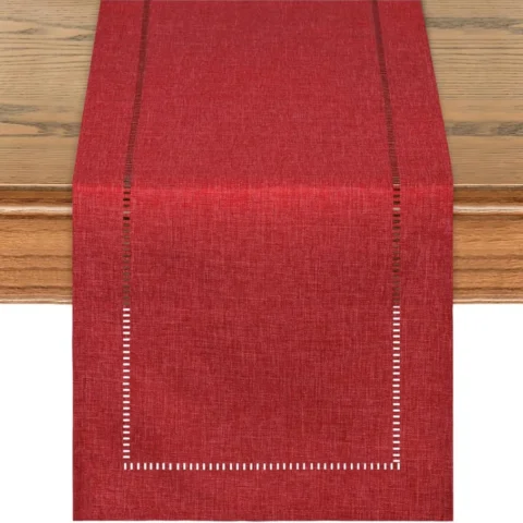 Red linen Christmas table runner, hemstitched, 30 x 180 cm