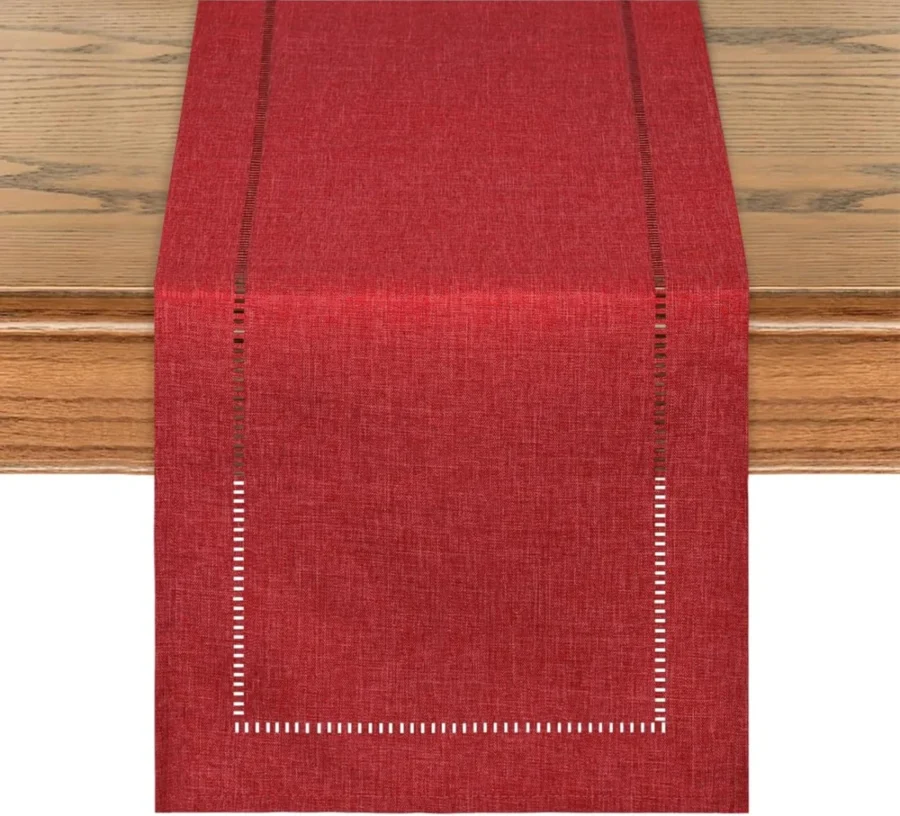 Red linen Christmas table runner, hemstitched, 30 x 180 cm