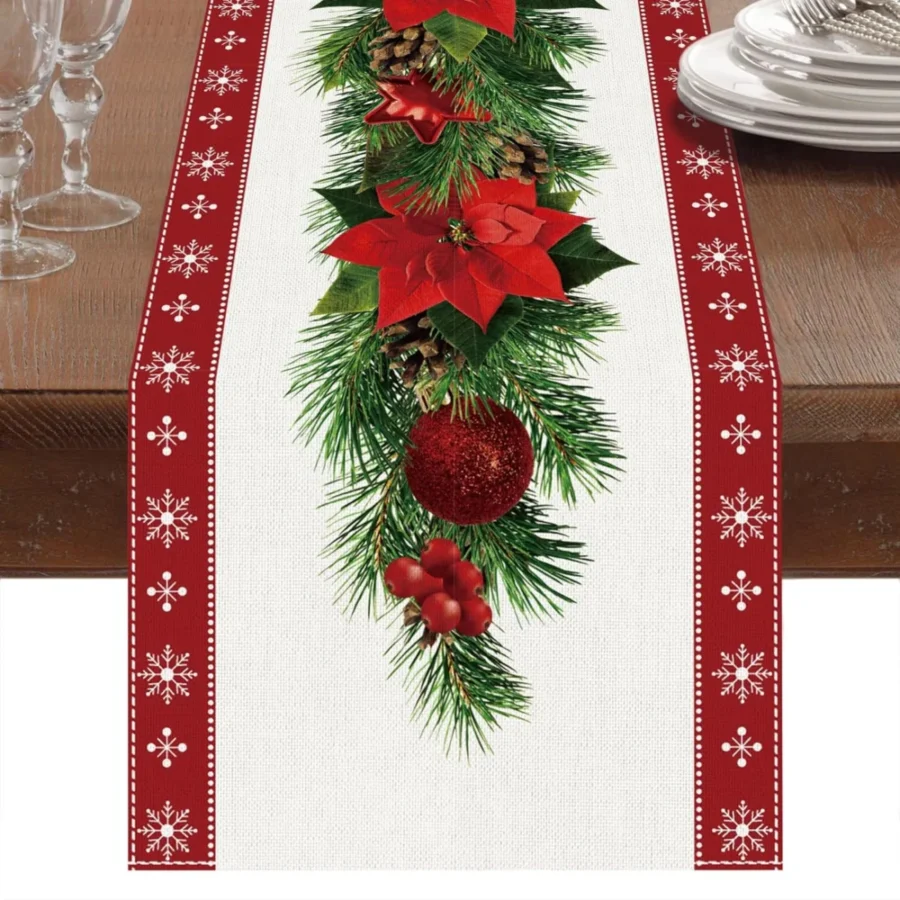 Red linen Christmas table runner with tree and bells, 230 x 33 cm
