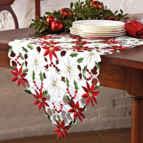 Red openwork embroidered poinsettia table runner, 40 x 180 cm