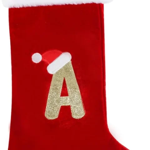 Red plush Christmas stocking with embroidered letter A, 20 inch