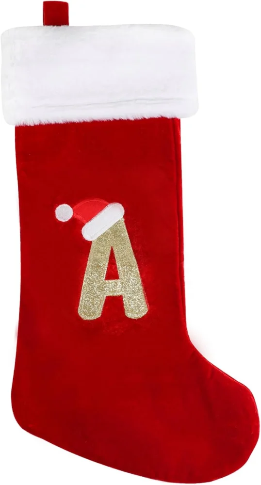 Red plush Christmas stocking with embroidered letter A, 20 inch