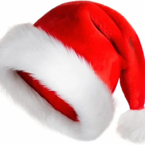Red plush Santa hat for adults with white faux fur and double liner