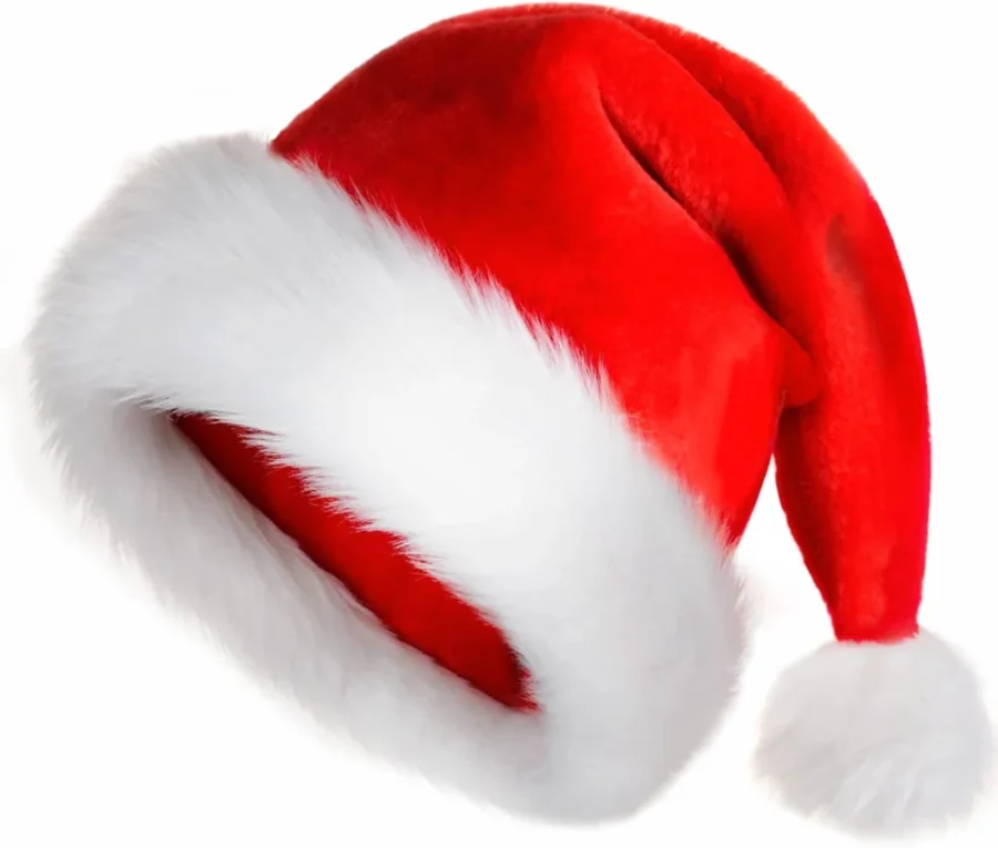 Red plush Santa hat for adults with white faux fur and double liner