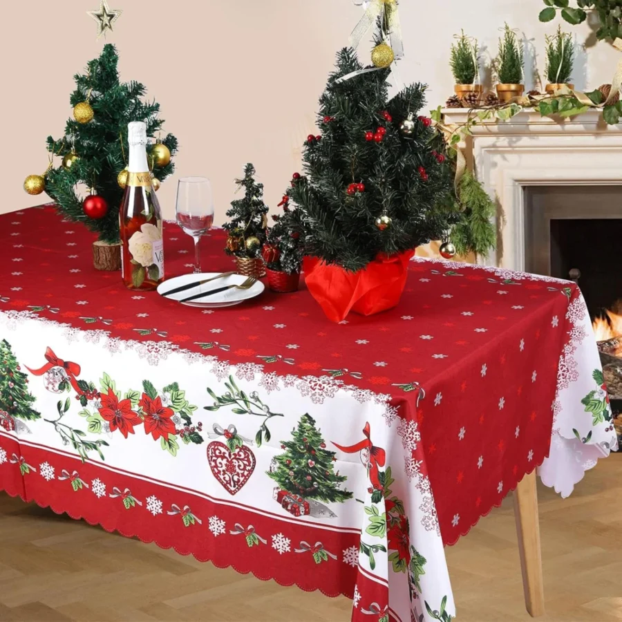 Red printed Christmas tablecloth, 150 x 220 cm, trees and bells