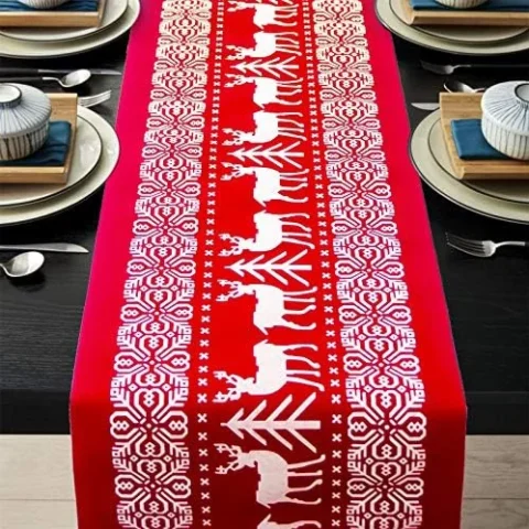 Red reindeer and stars Christmas table runner, 28 x 270 cm
