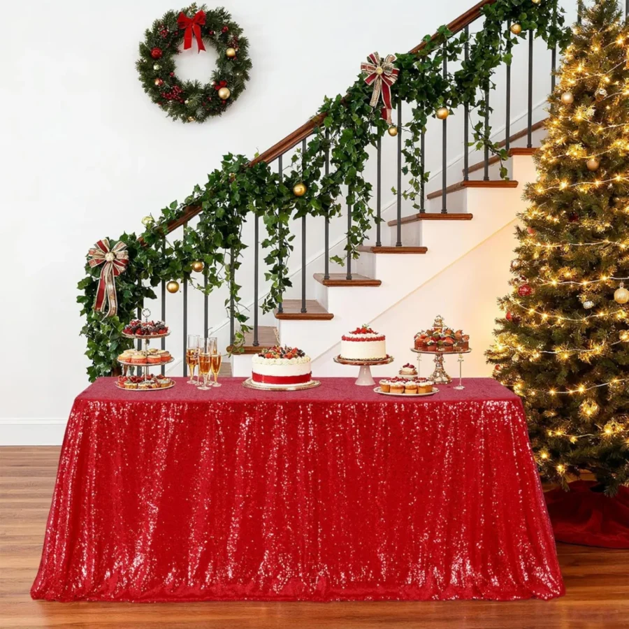 Red sequin rectangular tablecloth on a mesh base, 125 x 200 cm