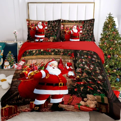 Red single duvet cover set with Santa, moose and snowman print