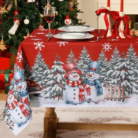 Red snowman and truck Christmas tablecloth, 140 x 240 cm