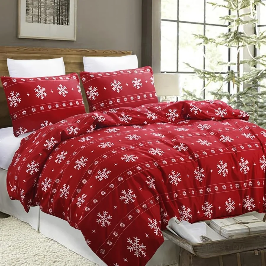 Red striped snowflake and reindeer double duvet cover set