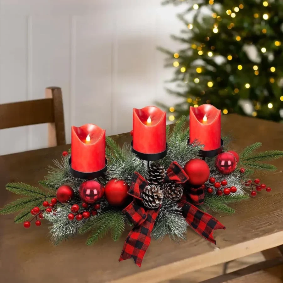 Red tealight centrepiece with 3 glass holders, pine cones and ribbon