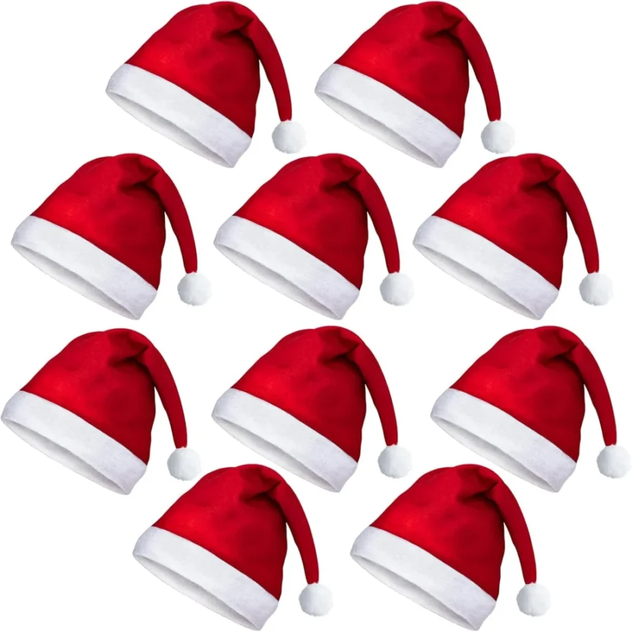 Red unisex Santa hats for adults, multipack of 10