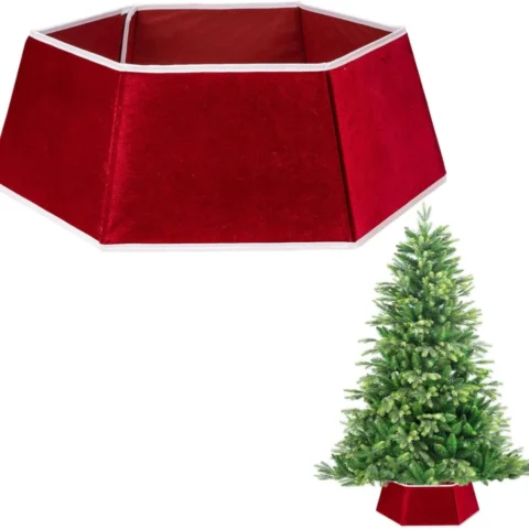 Red velvet hexagon tree collar with white trim, 68 cm base, foldable