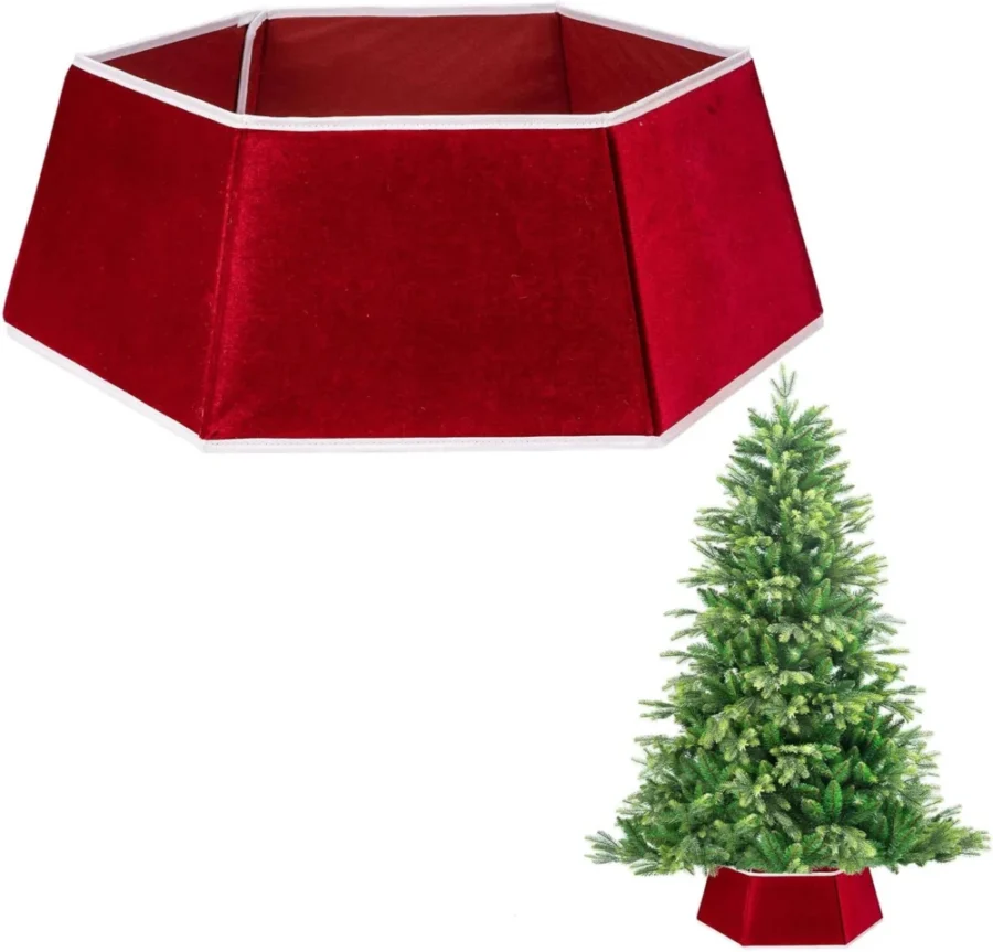 Red velvet hexagon tree collar with white trim, 68 cm base, foldable