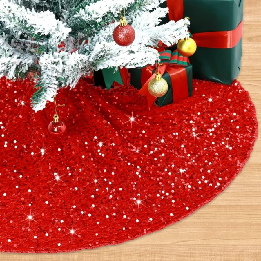 Red velvet tree skirt with sequins, 90 cm, hidden hook and loop