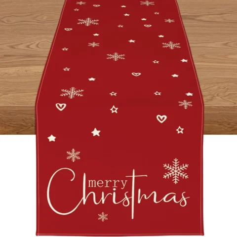 Red water-resistant linen-blend Christmas table runner, 40 x 180 cm