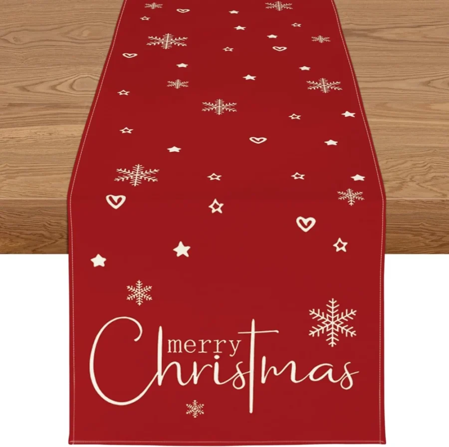 Red water-resistant linen-blend Christmas table runner, 40 x 180 cm