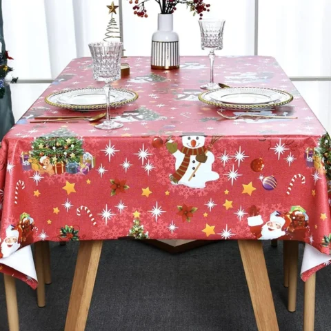 Red wipe-clean PVC Christmas tablecloth, square, 137 x 137 cm