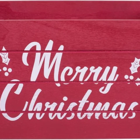 Red wooden Christmas crate with cut-out handles, 36 x 26 x 17 cm