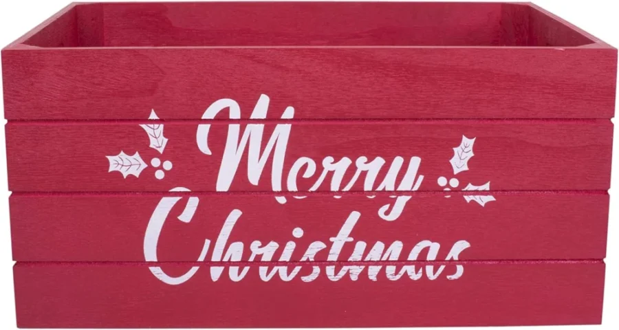 Red wooden Christmas crate with cut-out handles, 36 x 26 x 17 cm