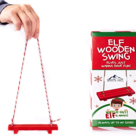 Red wooden elf swing ornament with polyester string, 13 x 5 x 2 cm