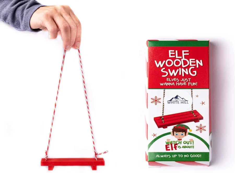 Red wooden elf swing ornament with polyester string, 13 x 5 x 2 cm