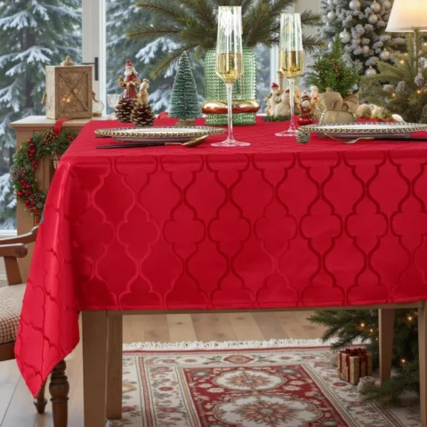 Red woven floral jacquard Christmas tablecloth, 132 x 182 cm