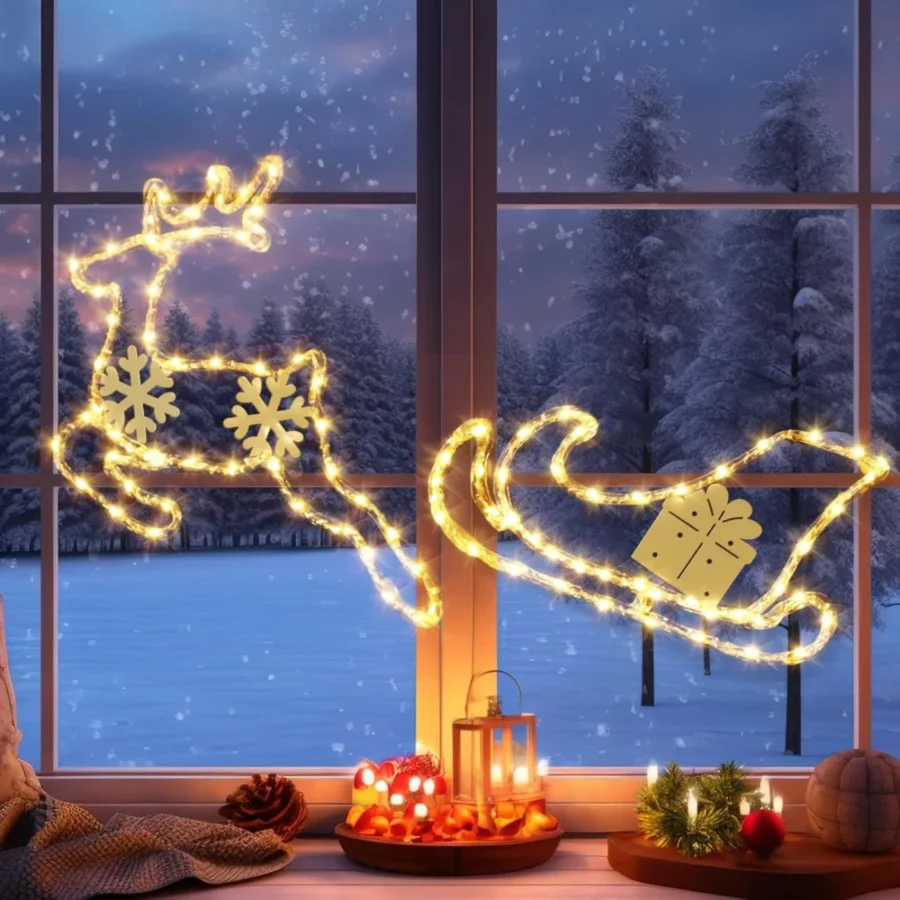 Reindeer and sleigh window light, 95 warm white LEDs, battery, 1 m