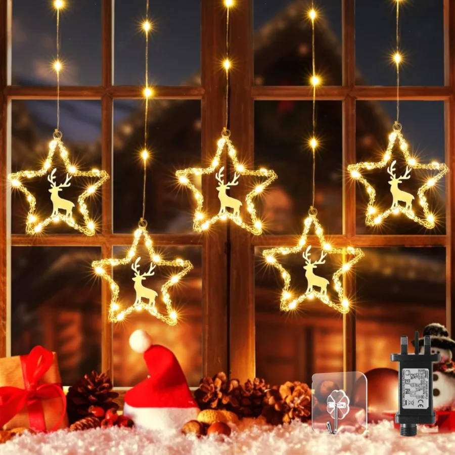 Reindeer star curtain lights, 5 stars, 94 warm white LEDs, mains