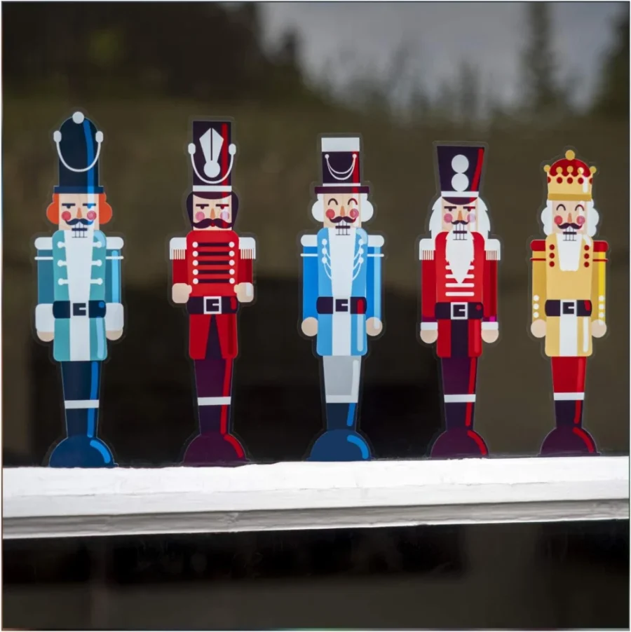 Reusable nutcracker soldier window clings, pack of 5, 20 cm