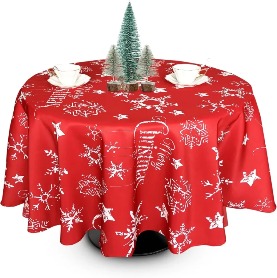 Round Christmas tablecloth, red and white snowflakes, 178 cm