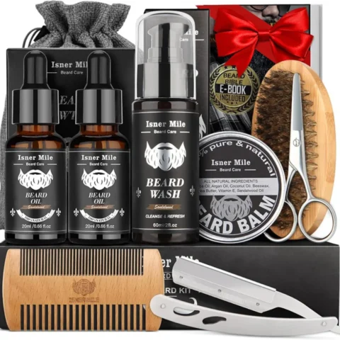 Sandalwood beard care kit with oil, shampoo, balm and scissors