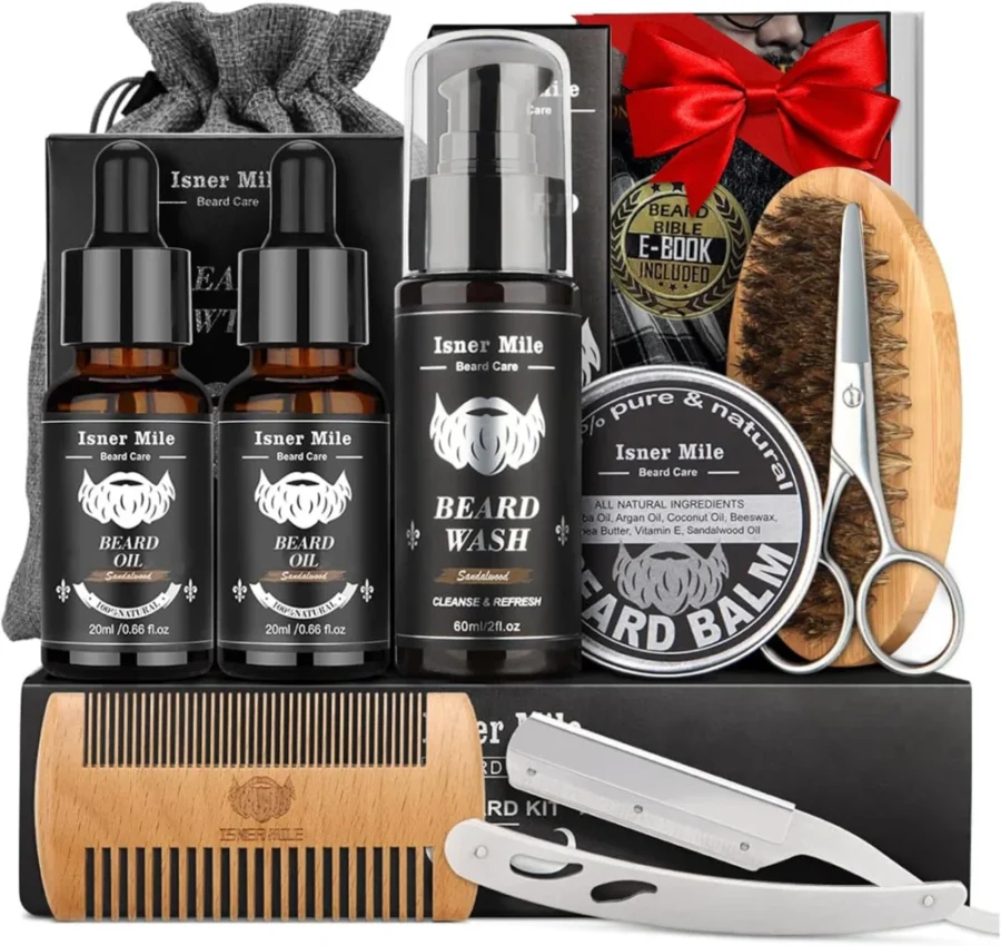 Sandalwood beard care kit with oil, shampoo, balm and scissors