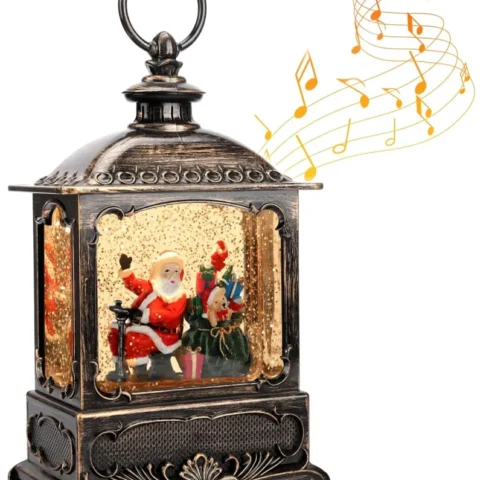 Santa and snowman musical snow globe lantern, 26 cm tall