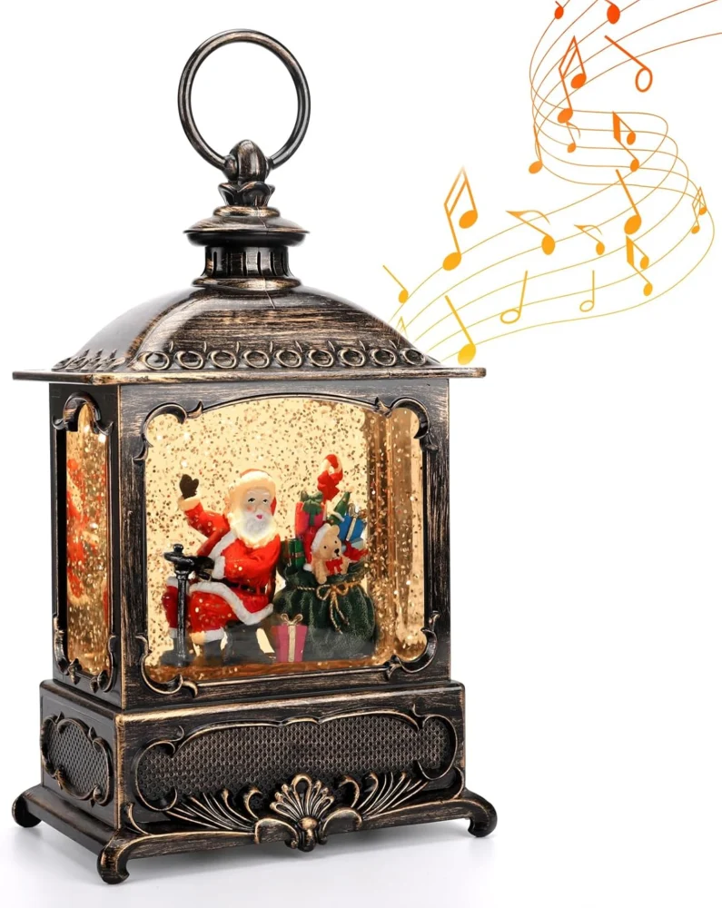 Santa and snowman musical snow globe lantern, 26 cm tall