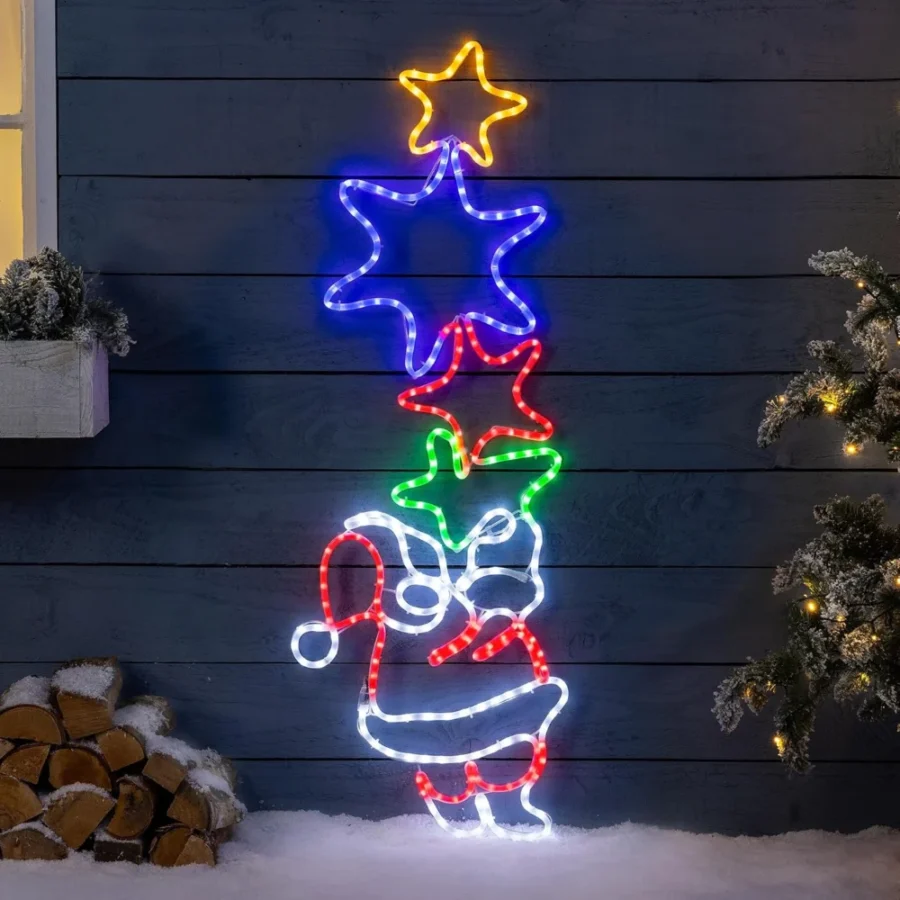 Santa and star wall rope light, 127 cm, 288 multicolour LEDs, mains