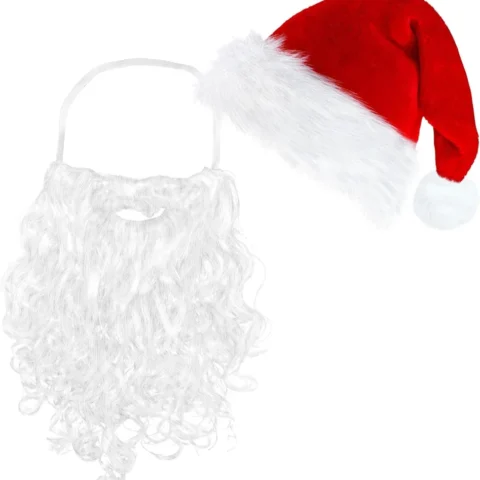 Santa hat and curly beard set in red velvet with white trim