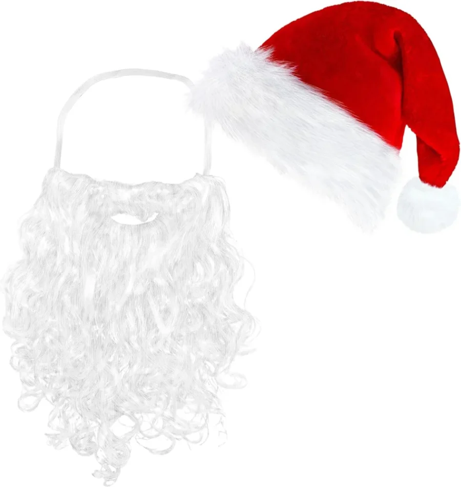 Santa hat and curly beard set in red velvet with white trim