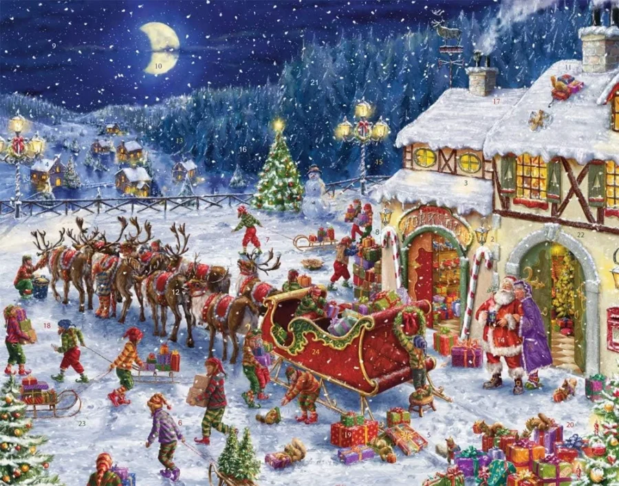 Santa’s sleigh paperboard advent calendar, 35.6 x 27.9 cm
