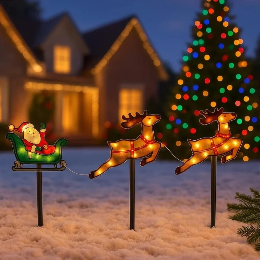Santa sleigh and reindeer garden stake light, battery, warm white