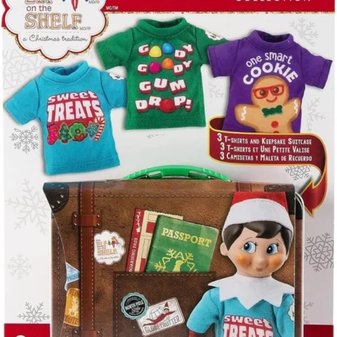 Scout Elf Claus Couture tees, 3 elf-sized T-shirts with tin suitcase