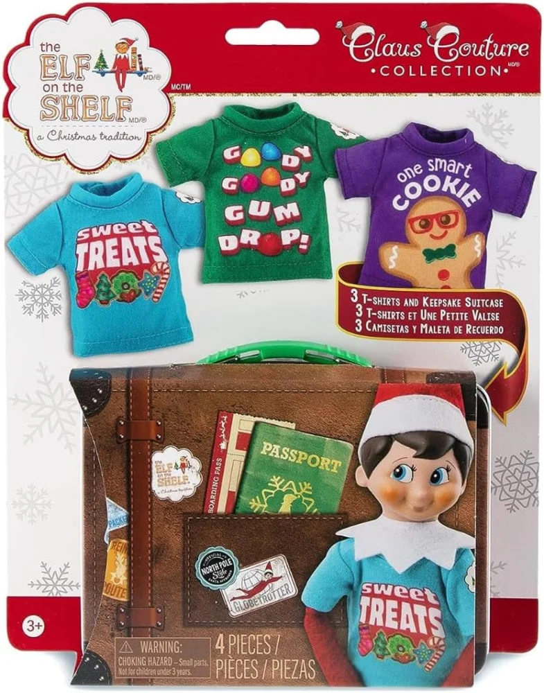 Scout Elf Claus Couture tees, 3 elf-sized T-shirts with tin suitcase