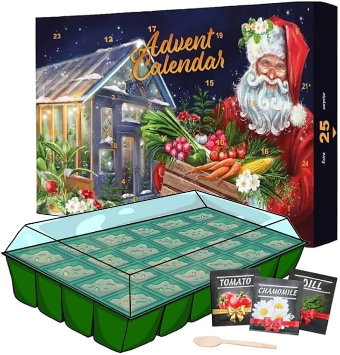 Seeds advent calendar with 24 seed packets and 2-piece greenhouse