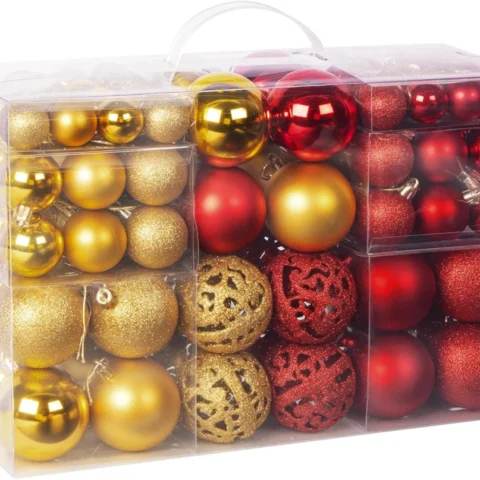 Set of 100 shatterproof baubles, 50 red and 50 gold, 3 sizes