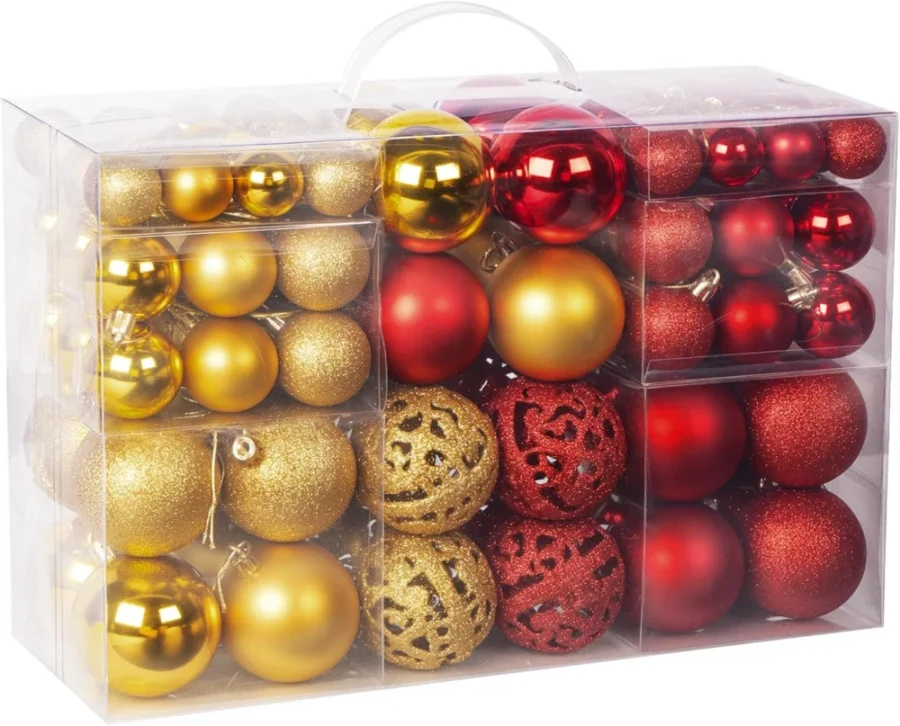 Set of 100 shatterproof baubles, 50 red and 50 gold, 3 sizes
